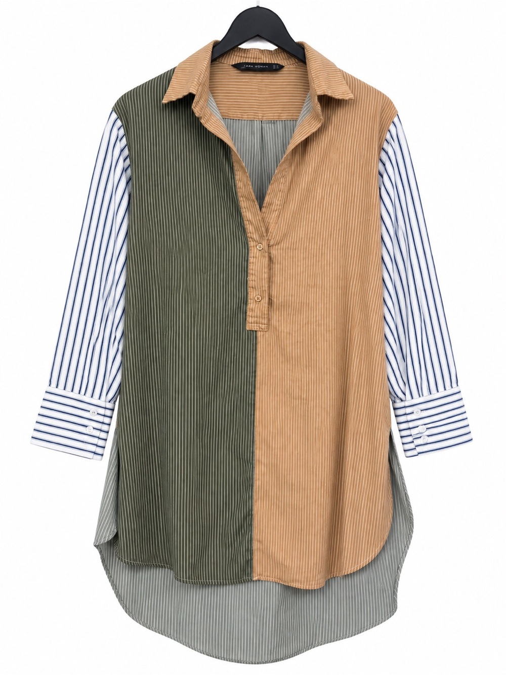 Zara Two-Tone Corduroy & Striped Sleeve Button-Down Tunic - Olive, Tan & Blue